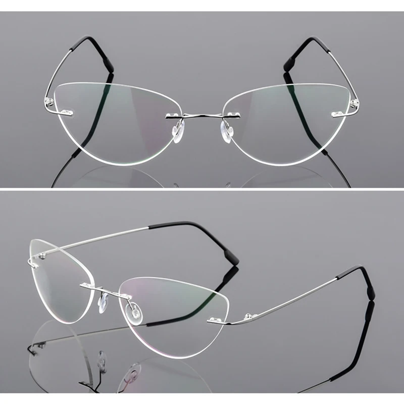 Female Rimless Titanium alloy Glasses Frame, Women Ultralight Cat Eye Eyeglasses Frames, Prescription Presbyopia Myopia Optical