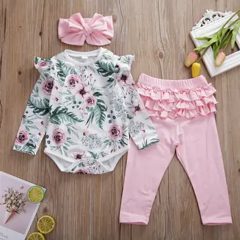 

Newborn Baby Girl Clothes Kids Flower Romper Tops + Pants + Headband Three-Piece Suit /BY