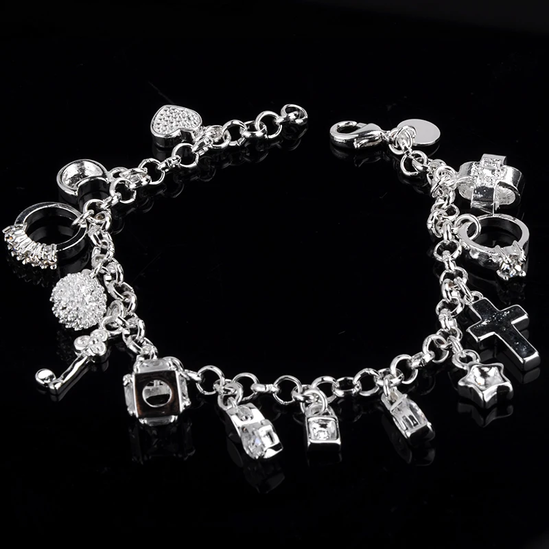 Silver Color Plated Bracelet Moon Heart Lock Cross Charm Bracelet 13 Pendants Bracelet Jewelry