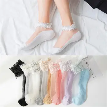 

1pair Ladies girls Sheer Socks Vintage cute Female Crystal Silk Elastic Solid Cotton flowers Lace Warm Frilly Sock Ankle Socks