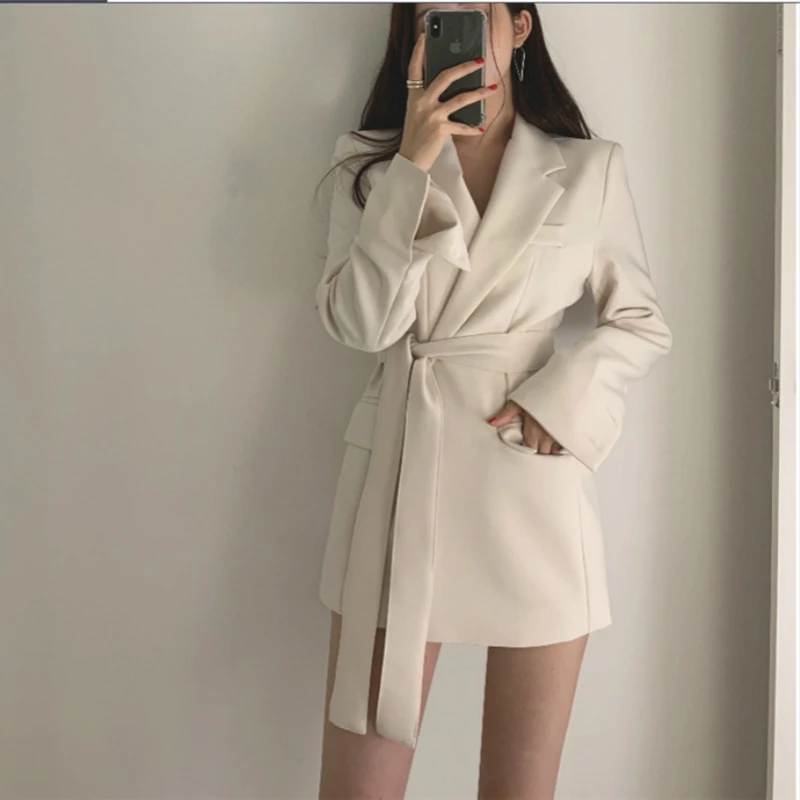 Women Black Beige Blazer Dress High Waist with Belt 2020 Autumn Slim Fit Work Bussiness Office Ladies Long Sleeve Outwear