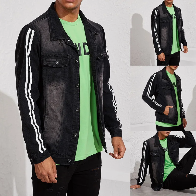 Джинсовая мужская куртка в полоску с дырками, уличная одежда, Chaqueta Hombre, осенняя приталенная джинсовая куртка в стиле ретро, пальто, топы, Jaqueta Masculino
