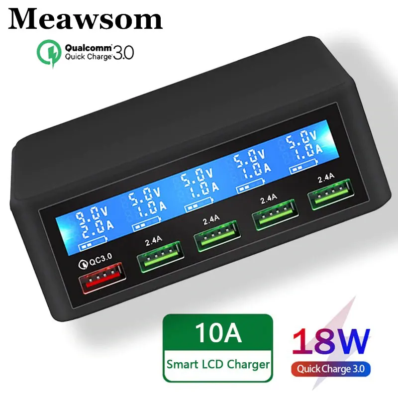 Meawsom usb carregador rápido 40w 5 porta display led carga rápida 3.0 estação de carregamento do desktop carregador rápido para o dispositivo do telefone almofada usb