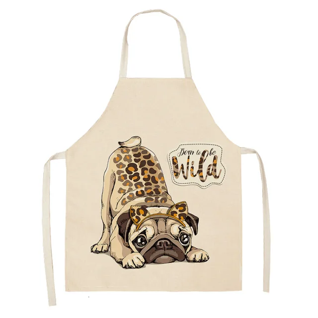 Cute Dog Pug Pattern Cotton Linen Sleeveless Apron Kitchen Aprons Women Home Cooking Baking Waist Bib Pinafore WQTF17
