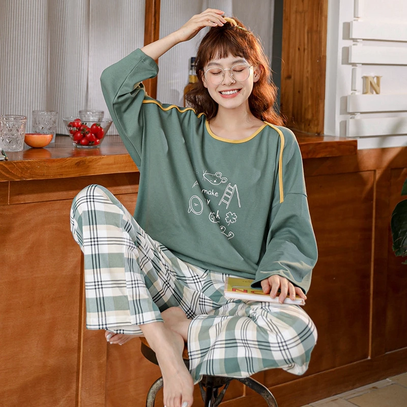 Auttum-Pijama verde Kawaii para mujer, ropa de dormir holgada para chicas adolescentes, Tops para dormir, ropa de salón de plantas a cuadros, de talla grande - AliExpress y ropa