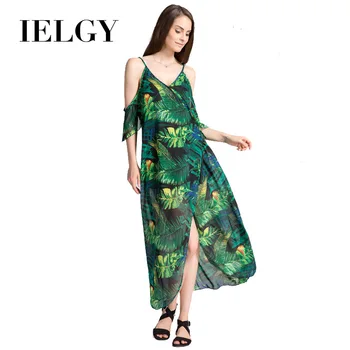 

IELGY Stylish Women's Banana Leaf Sling Off Shoulder Print Chiffon Dress