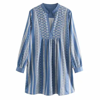 

New women vintage v neck long sleeve position print casual straight mini dress female vestidos chic leisure dresses DS3423