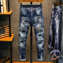 Vaqueros rasgados DSQ2 para hombre, Jeans ajustados de alta calidad, a la moda, con tinta de salpicaduras dsq