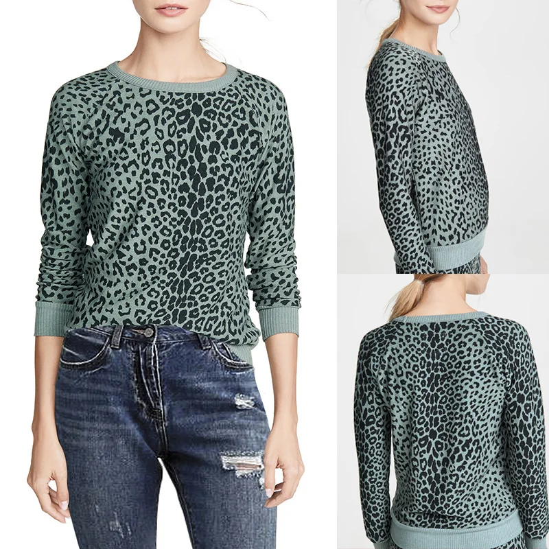 

2020Knitted Leopard O-neck Women Loose Knitted Tops Autumn Winter Long Sleeve printed Fashion pullover Jersey mujer pull