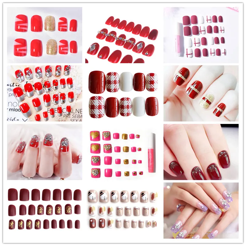 

24 Pieces Red Rhinestone Art Tips Full Cover False Toe Fake Nail Manicure Tools