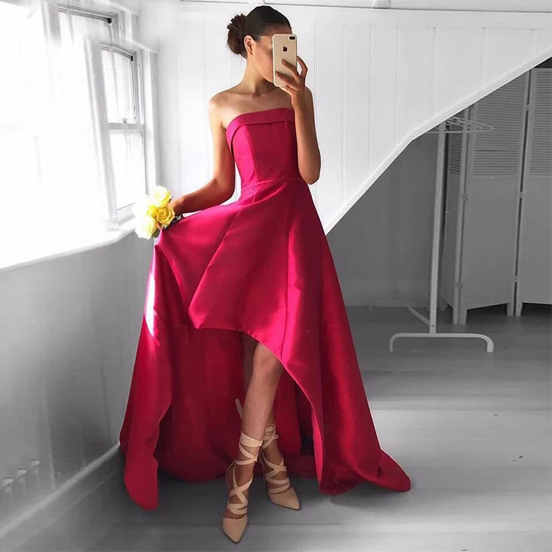 Vestido de festa, простые Сатиновые вечерние платья без бретелек цвета фуксии,, короткие спереди, Длинные Сзади, Abendkleider, высокие, низкие платья для выпускного вечера