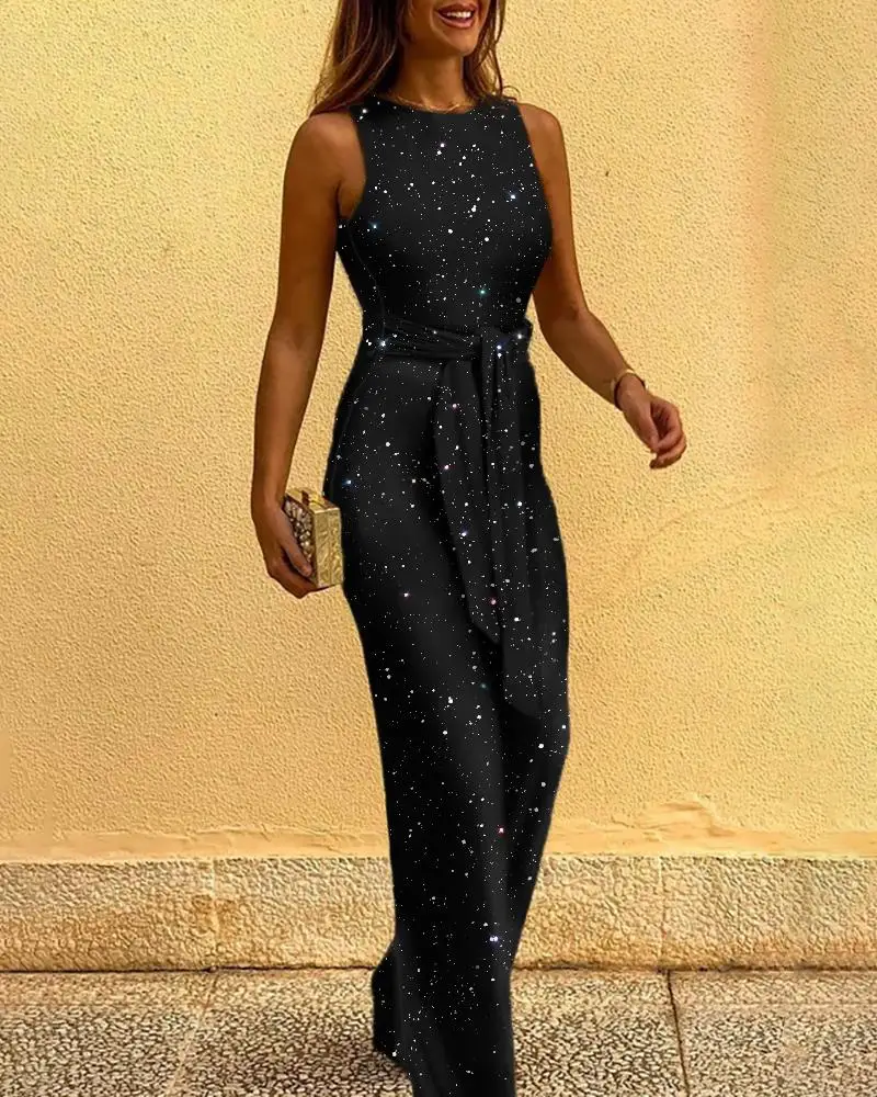 

Women Glitter Round Neck Sleeveless Wide Leg Jumpsuit