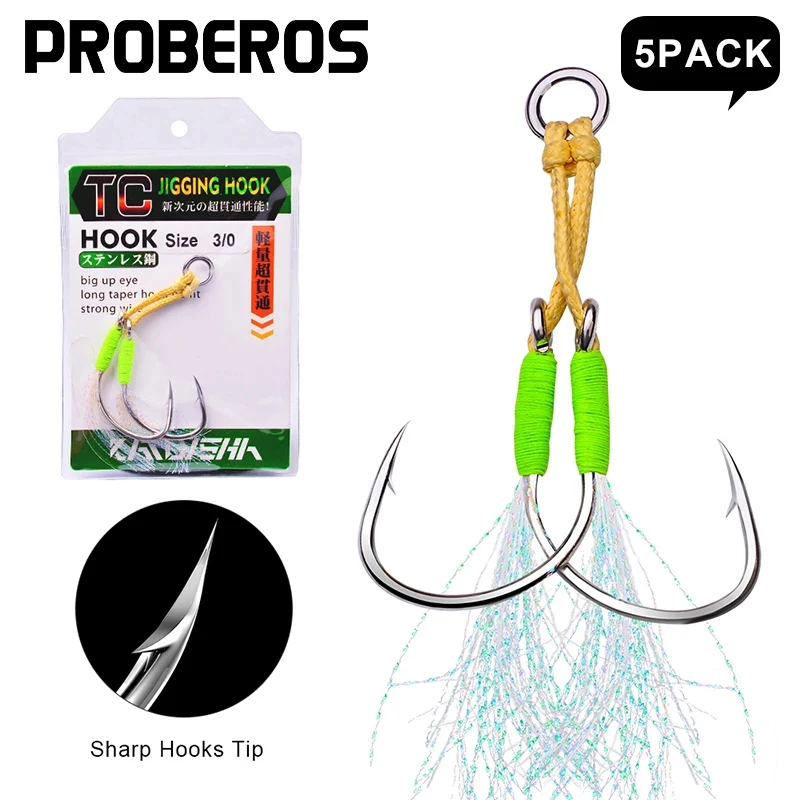 PROBEROS 5 Pack Jigging Fishing Hooks 1/0-2/0-3/0-4/0-5/0# High