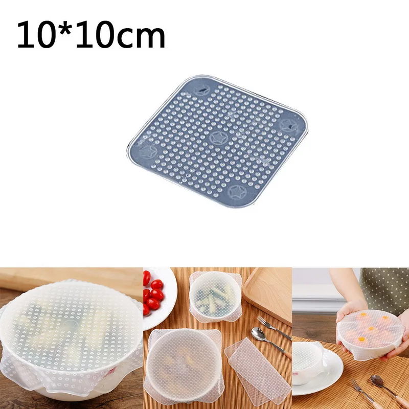 4PC 10x10cm 4 шт. многоразовые силиконовые колпачки для сохранения свежести пищи, стретч-пленка, уплотнительная пленка, крышка для чаши, для домашнего хранения, организации, кухонные инструменты - Цвет: 4PC 10x10cm