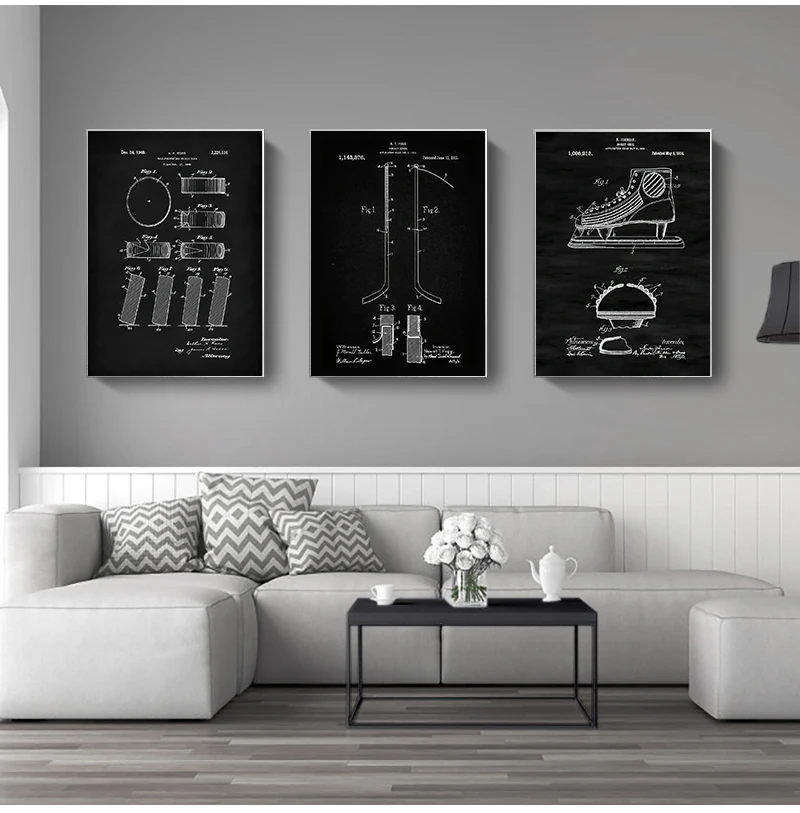 Art Posters And Prints Hockey Gift Blueprint Canvas Painting Wall Pictures Sports Home Room Decor Hockey Patent Blackboard Wall