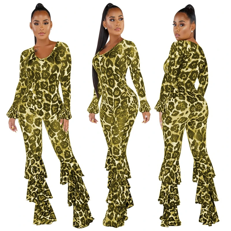 Sexy Leopard Jumpsuit for Women Overalls Long Sleeve Flare Pant Bodycon Romper Jumpsuit Elegant Party Autumn Sexy Club Jumpsuits - Цвет: Зеленый