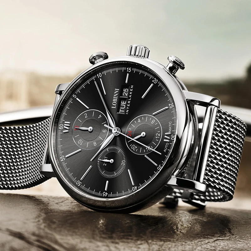 Najtaniej LOBINNI luksusowy mechaniczny zegarek przekładniowy prezent dla mężczyzny mewa ruch automatyczny czarny własny nawijacz szafirowy zegarek marki mężczyźni metalowa ramka