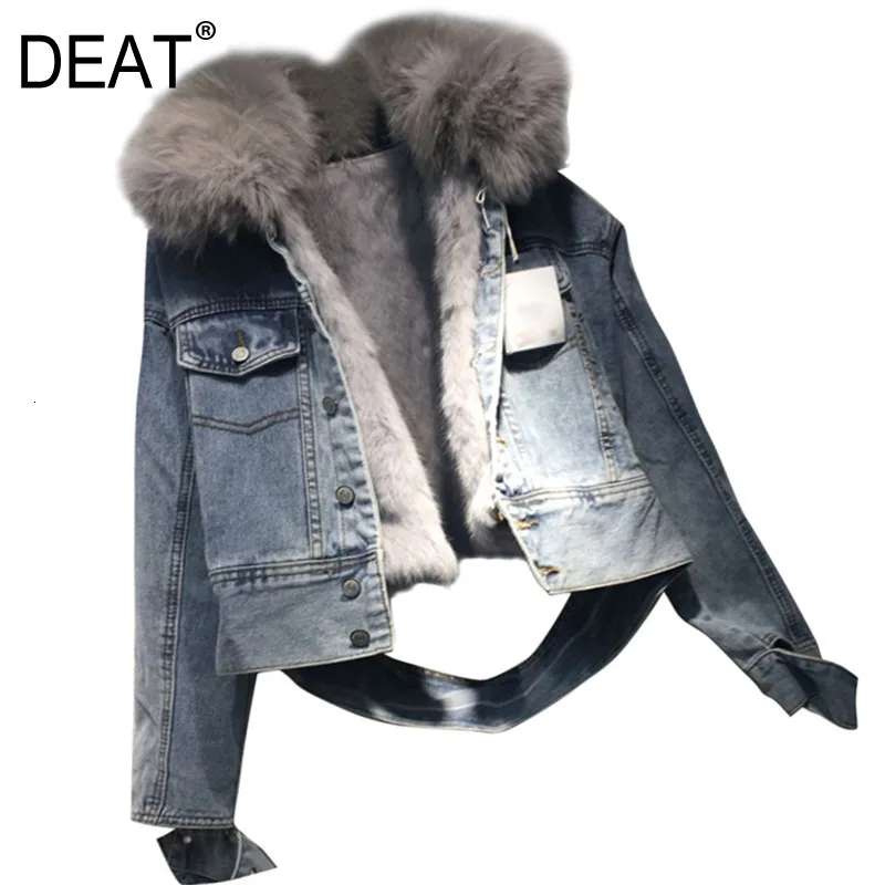 DEAT new winter fur collar single breasted light blue denim jacket thickness warm waist coat bike wearing WJ98905L