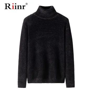 

Riinr Men's Warm Turtleneck Sweater hombre Fashion Solid Knitted Mens Sweaters Casual Slim Pullover Male Double Collar Top