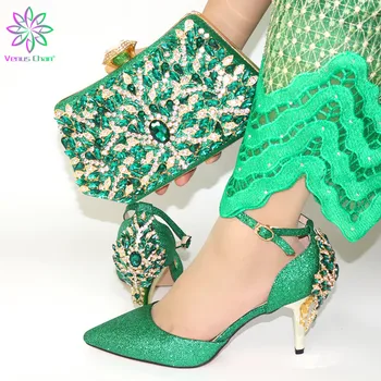 

2019 green Color Rhinestone Woman Shoes And Bag Set Italian Style High Heels Shoes And Bag To Match Set For Party