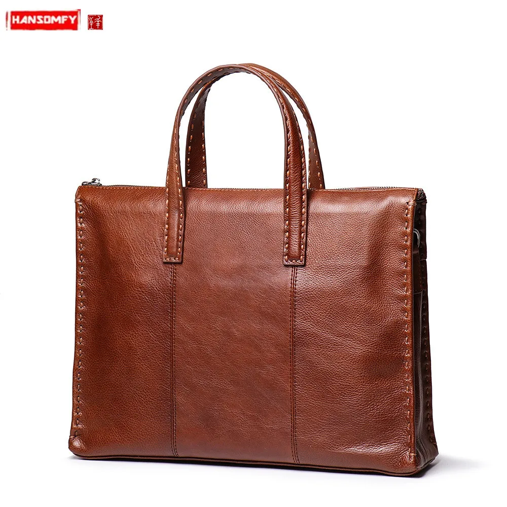 Factory New Style Handbag Weaving Portable Briefcase Men Crossbody Bag Large Capacity Computer Bags Men's Genuine Leather | Багаж и