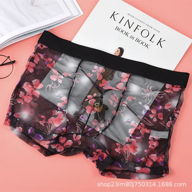 Men's Underwear Sexy Lace Ultra Thin Mesh Full Transparent Air Traceless Ice Comfortable Boxer Shorts black flower