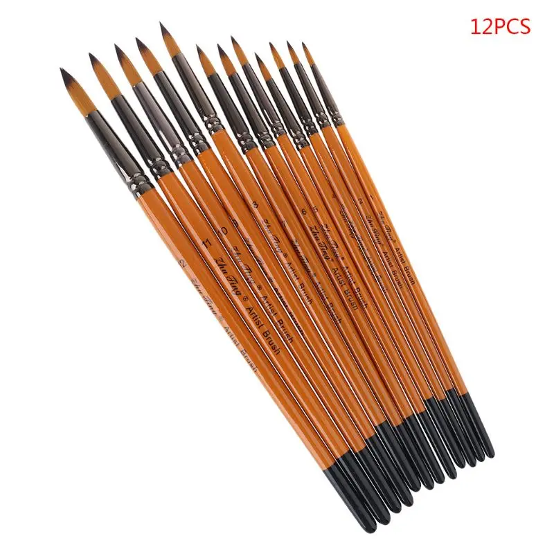 12 uds profesional pinceles para pintar el pelo de Nylon artista acuarela Gouache acrílico cepillo de pintura de punta fina papelería