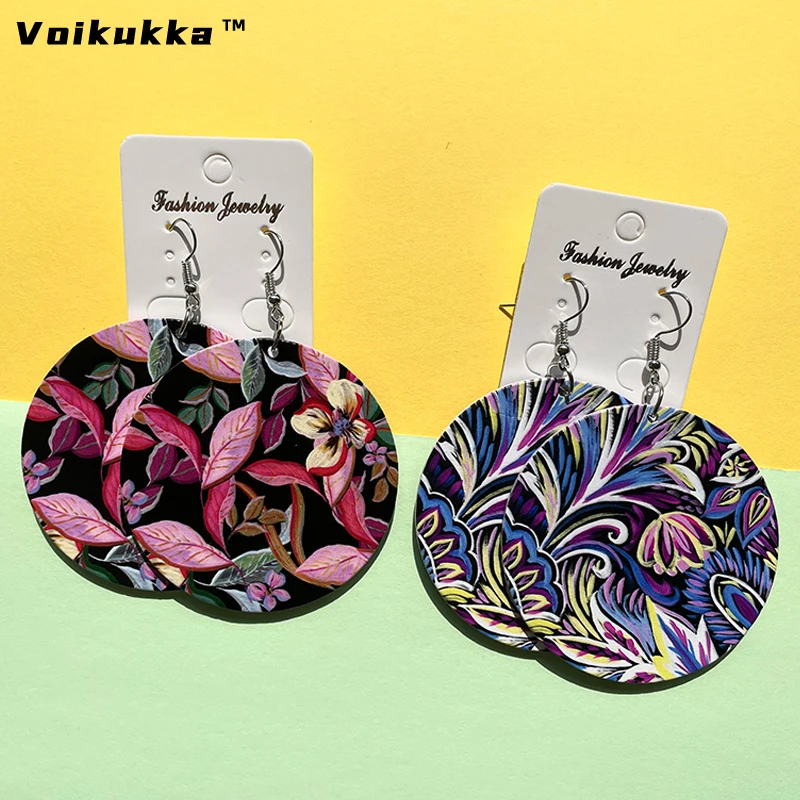 Voikukka Jewelry Hot Sale 6 CM Circle Both Sides Printing A Painted Floral Pattern Wooden Drop Dangle Women Earrings For Gifts