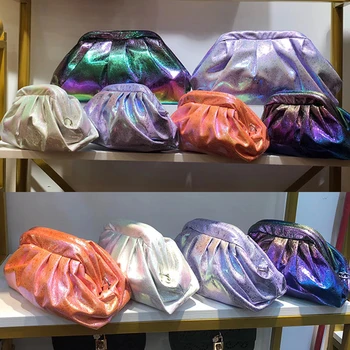 

new Leather laser Day Clutch Bag Cloud Shape bag Luxury Women Dumpling Shoulder Messenger Bag Small Cute Lady pillow bag