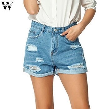 

Womail Denim Shorts Women Summer Retro Blue Crimping Casual Ripped Hole Shorts Jean High Waist Shorts pocket club Street holiday