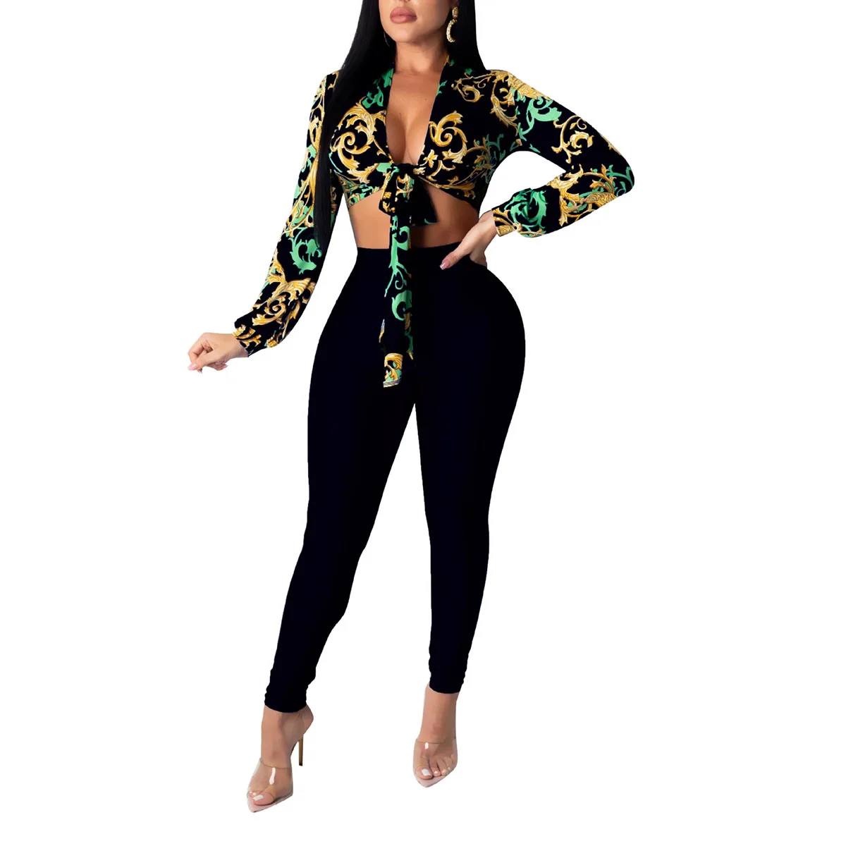

Women Sexy 2-piece Outfit Set Long Sleeve Lace-up Top and Solid Color Pants Set for Women Ladies
