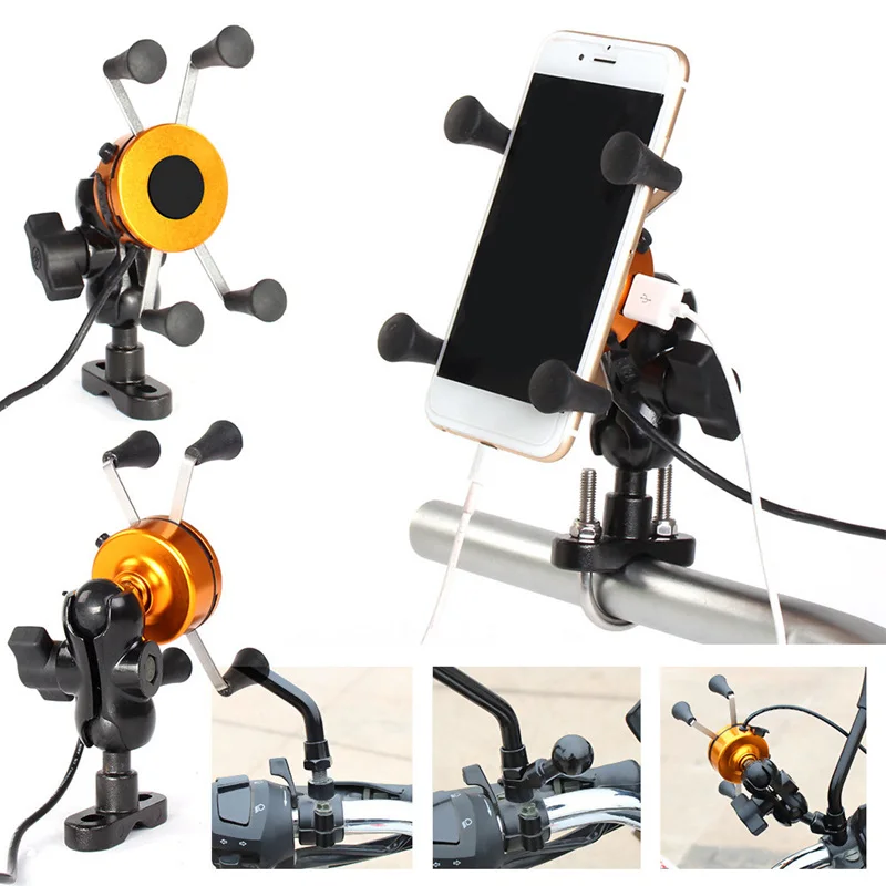 USB Universal Chargeable Motorcycle Phone Holder 360 Motor bike handlebar Rotating Mount Mobile Rearview Mirro Phone Stand
