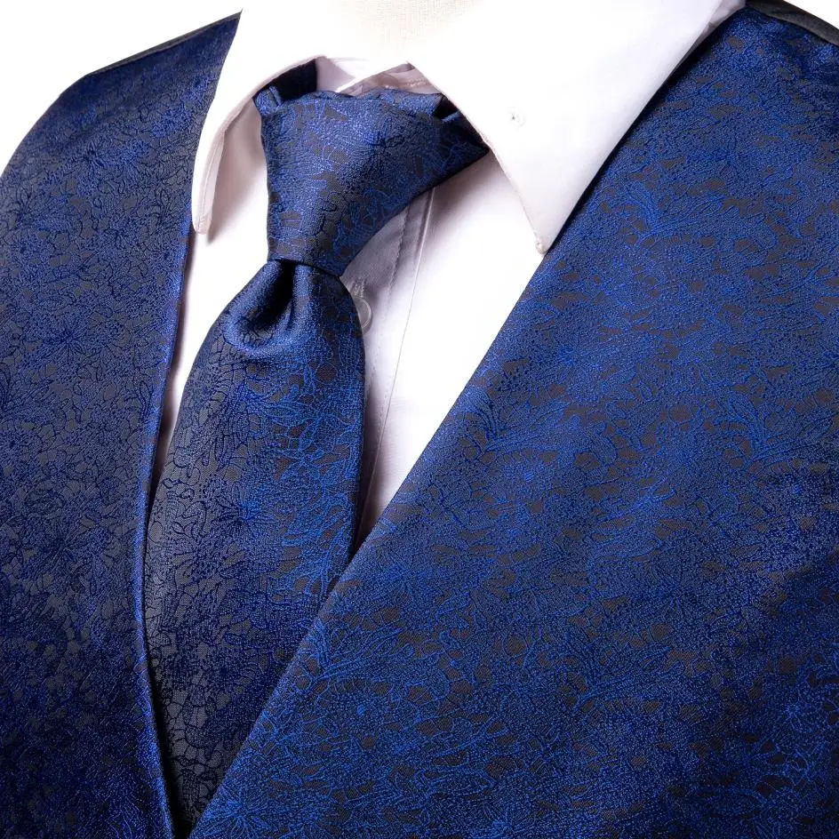 Silk Men's Vests and Tie Business Formal Dresses Slim Vest 4PC Necktie Hanky cufflinks for Suit Blue Paisley Floral Waistcoat blazer suit