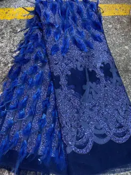 

2020 luxury Swiss lace fabric 3D feather fabric 3D sequined bridal lace fabric royal blue couture lace fabric YYZ8973