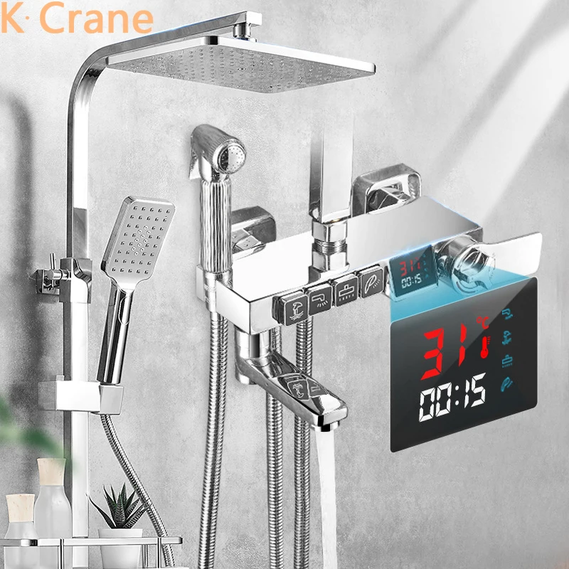 Shower Head Shower Set Thermostatic Shower System Bathroom Wall Mounted LED Digital Showers Set Hot Cold Water Mixer Bath Faucet Square Head Rainfall