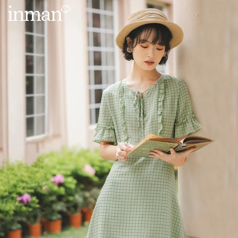 

INMAN 2020 Summer New Arrival Short Sleeve Bow Tie Vintage Plaid Pattern Women Knee-Length Dress