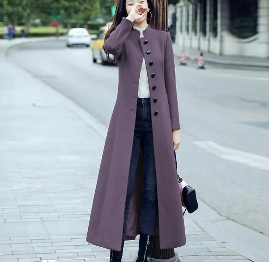 3XL! Осенне-зимнее длинное шерстяное пальто со стоячим воротником, женское однобортное приталенное пальто из смешанной шерсти