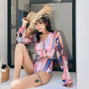 

Swimwear Women One Piece Swimsuit Push Up Women's Woman Swimsuits Ancient Buttons Long Sleeve Patchwork Polyester Fmzxg Sexy