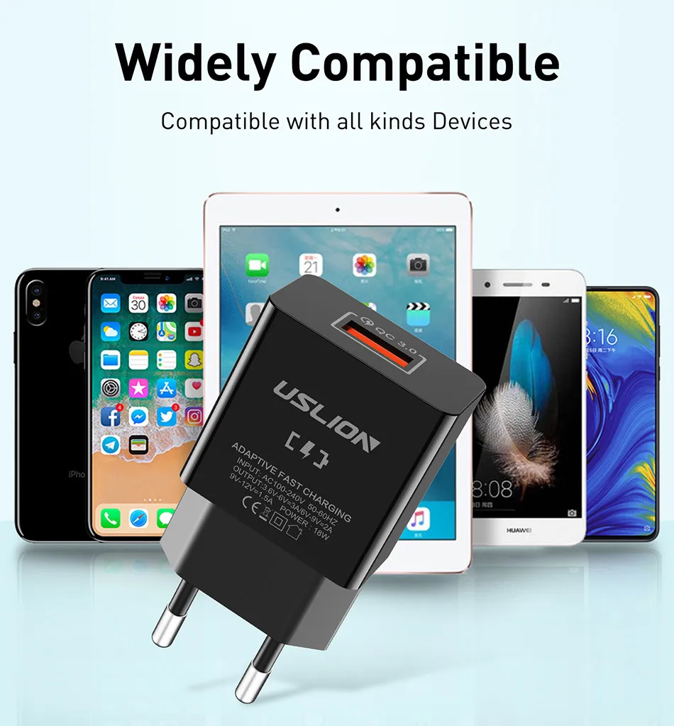 USLION 18 Вт быстрое зарядное устройство для мобильных телефонов USB для быстрой зарядки qc 3,0 EU зарядное устройство со штекером для iPhone Xiaomi samsung huawei адаптер