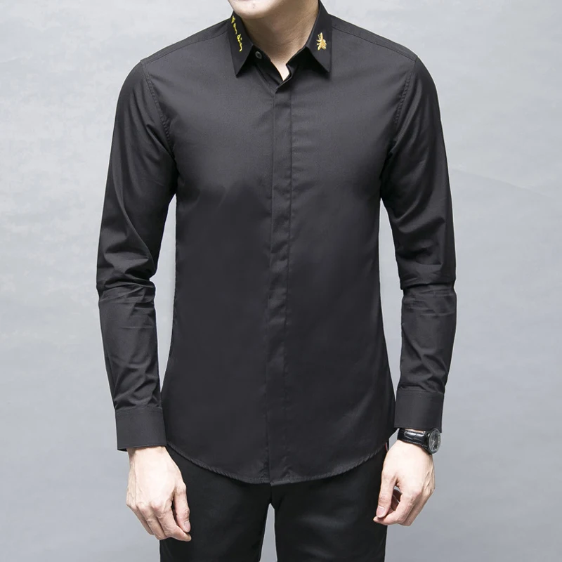Европейский модный бренд, мужская рубашка, однотонная, тонкая, Chemise homme manche longue Gold Bee, рубашки с вышивкой для мужчин, высокое качество
