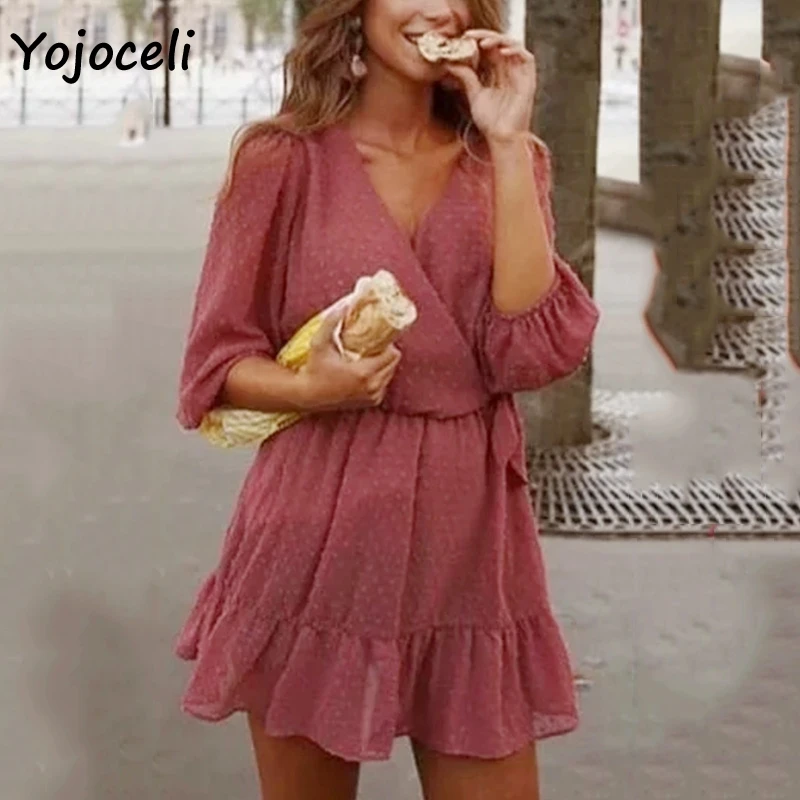 

Yojoceli chiffon jacquard romper jumpsuit v neck ruffle boho short playsuit 2019 long sleeve