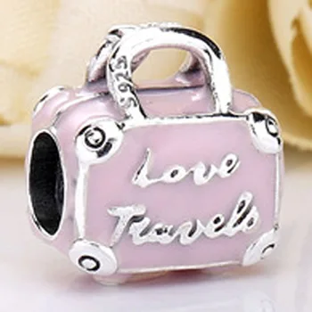 

Original Pink Enamel Travel Bag Suitcase Love Travels Beads Fit 925 Sterling Silver Charm Bracelet Bangle Diy Jewelry