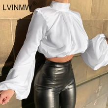 LVINMW однотонная сатиновая водолазка с рукавами-фонариками, тонкий укороченный топ, весна, женская модная черно-белая футболка, женская уличная одежда, Топ