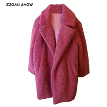 Зимнее пальто с отложным воротником с длинным ворсом искусственное пальто с мехом розовая Женская длинная куртка с длинными рукавами из овечьего меха