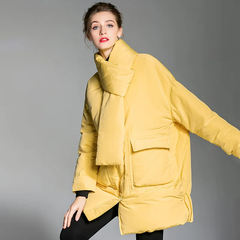 Elifashion, корейская мода, свободный белый пуховик на утином пуху, женский, Повседневный, шарф, пальто, мода для женщин, зимой