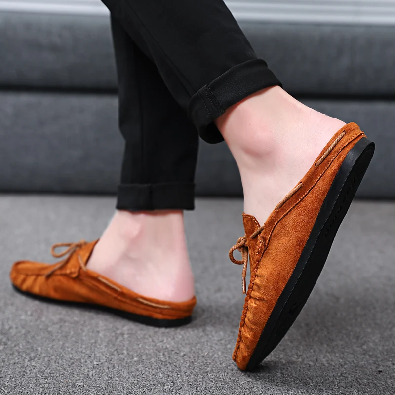 Man Mules Suede Leather Loafers Slipper Summer Male Moccasins Half Shoes For Men Casual Driving Shoes Masculino Mens Flock Flats