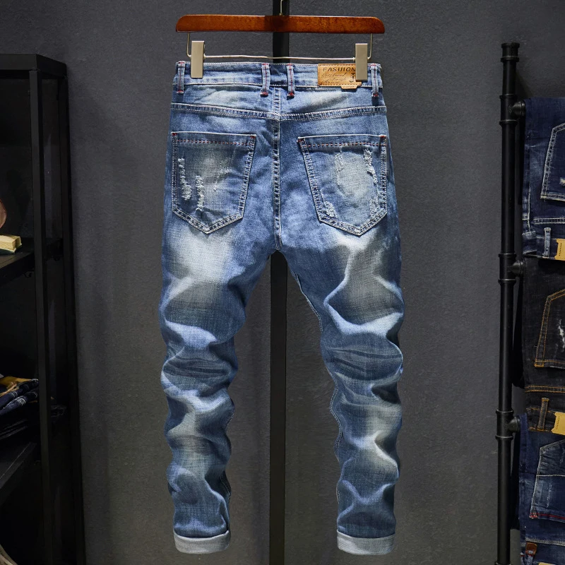 Ripped Jeans Men Slim Fit Stretch Casual Denim