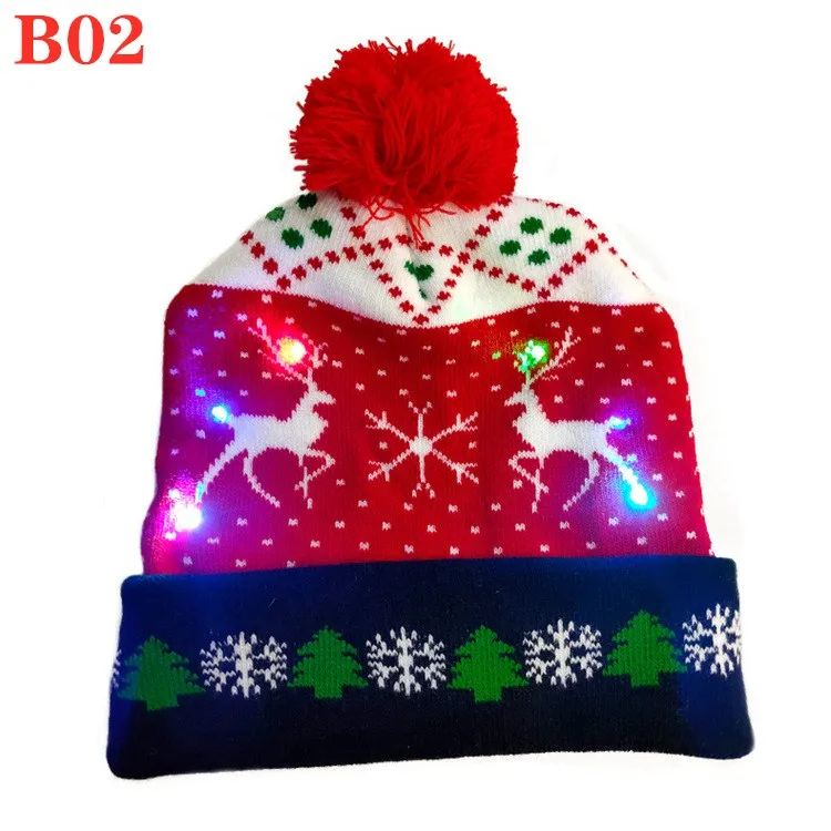 Wholesale New Children LED Christmas Hat With Lights Winter Warm Cartoon Knitted Pompom Beanie Cap For Kids Christmas Decoration