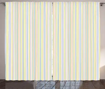 

Multicolor Yellow Striped Curtains Pastel Colored Ornamental Geometrical Straight Lines Repetitive Composition Bedroom Window