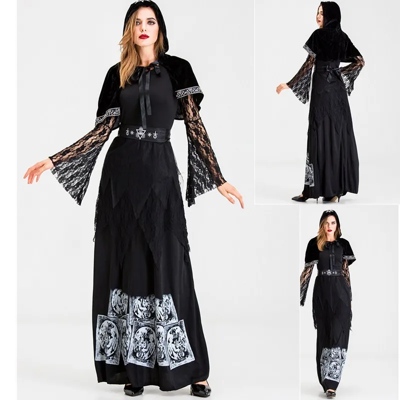 

Adult women gothic halloween costume black cloak witch robes cosplay tarot divination wizard costume death vampire lace long dress
